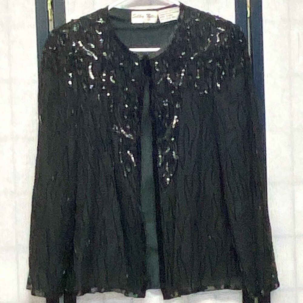 Silky Nites Vintage Black Silk Beaded Cardigan Jacket XL 80s 90s Glam Sparkle